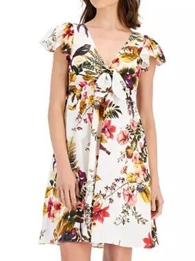 Taylor Cotton Flutter-Sleeve Empire-Waist Dress floral and bird print 4 petite